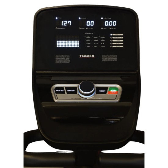 Geavanceerde BRX-R9500 ligfiets met zelfgenererend vermogen, 32 weerstandsniveaus en een ergonomische ontwerp voor comfortabele training.