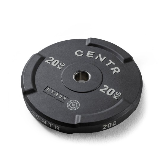Optimaliseer je training met de Centr x HYROX Interlocking Bumper Plate 20kg, ideaal voor schokabsorberende en geluidsdempende workouts.