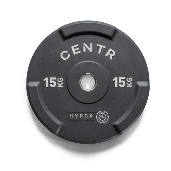 Centr x HYROX Interlocking Bumper Plate van 15 kg met interlock-systeem voor eenvoudig laden en duurzaam ontwerp. Ideaal voor intensieve trainingen.