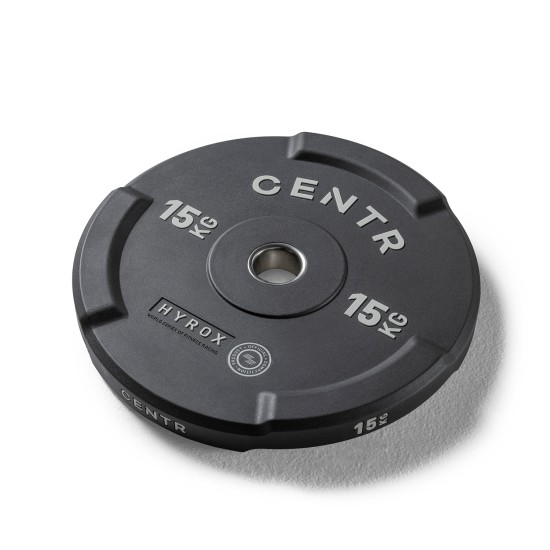 Centr x HYROX Interlocking Bumper Plate van 15 kg met interlock-systeem voor eenvoudig laden en duurzaam ontwerp. Ideaal voor intensieve trainingen.