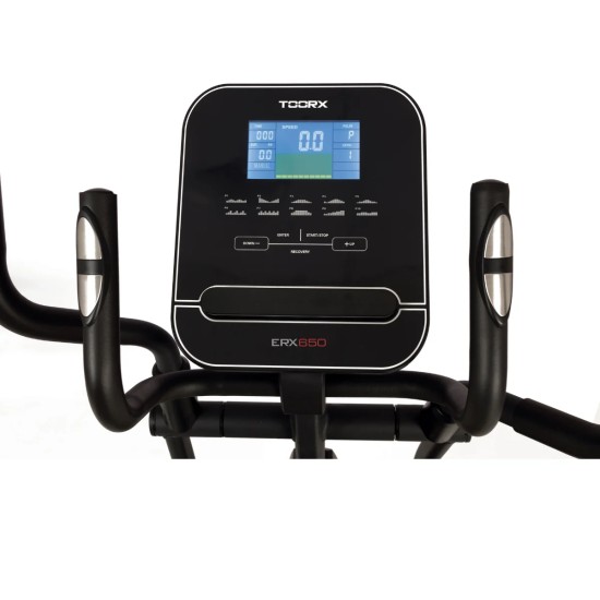Ontdek de TOORX ERX-650 Crosstrainer met 24 weerstanden, 16 kg vliegwiel en compatibiliteit met Kinomap en Zwift voor een interactieve training.