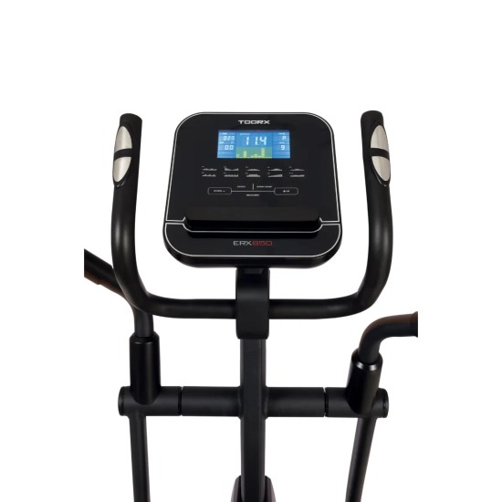 Ontdek de TOORX ERX-650 Crosstrainer met 24 weerstanden, 16 kg vliegwiel en compatibiliteit met Kinomap en Zwift voor een interactieve training.