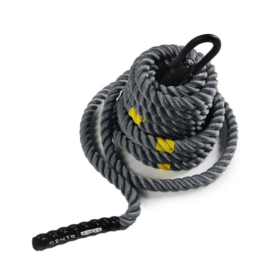 Verbeter je training met de Centr x HYROX Power Rope, een 15 meter lang Dacron touw met slipvrije handgrepen en gele markeringen.