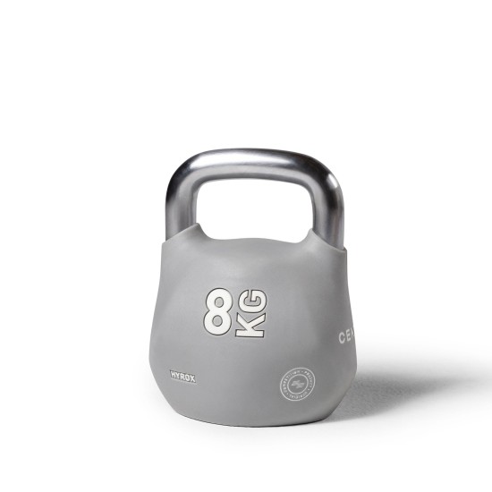 Innovatieve Centr x Hyrox Octo Kettlebell van 8 kg met schokbestendige coating en hard verchroomde handgreep voor optimale prestaties.