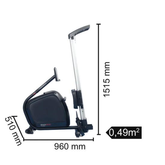 Compacte Toorx RWX-500 roeitrainer met 16 weerstanden, draadloze hartslagontvanger en multifunctionele console voor optimale training.