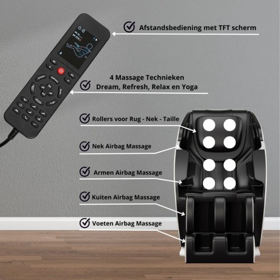Geniet van een heerlijke massage in je eigen huis met de NRG Wellness Massagestoel Deluxe, uitgerust met Zero Gravity en 14 rollers voor volledige ontspanning.