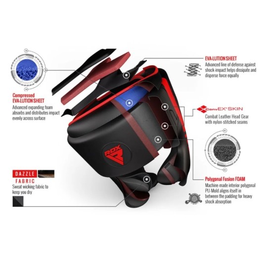 Ervaar ultieme bescherming met de RDX F6 Kara hoofdbeschermer, gemaakt van Maya Hide kunstleer met schokabsorberende technologie.