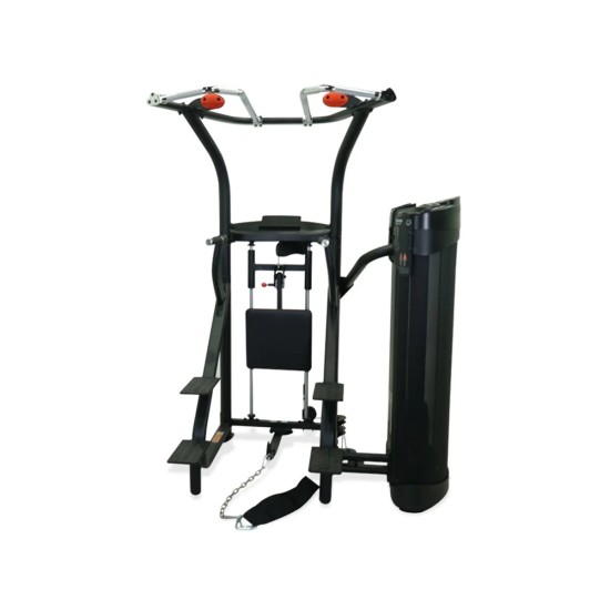 Multifunctioneel krachtstation voor pull-ups en dips, geschikt voor alle niveaus met een upgradebaar 45 kg gewichtsblok.
