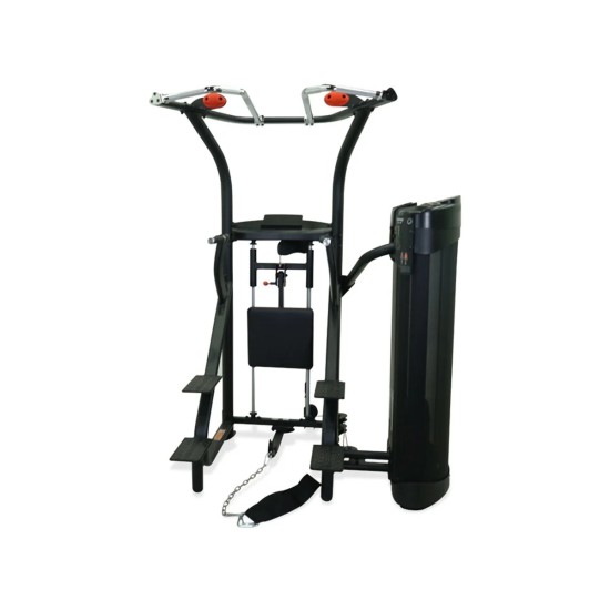 Multifunctioneel krachtstation voor pull-ups en dips, geschikt voor alle niveaus met een upgradebaar 45 kg gewichtsblok.