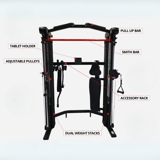 De Inspire SF3 Functional Trainer biedt een complete sportschoolervaring met gewichtstapels, Smith bar en accessoires voor thuisgebruik.