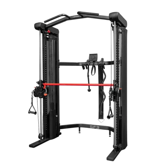 De Inspire SF3 Functional Trainer biedt een complete sportschoolervaring met gewichtstapels, Smith bar en accessoires voor thuisgebruik.