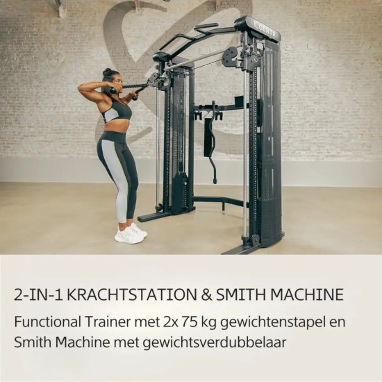 Centr 3 Home Gym Functional Trainer met 165 kg weerstand, 9 kg Smith Bar, en 7 accessoires. Ideaal voor thuistraining.