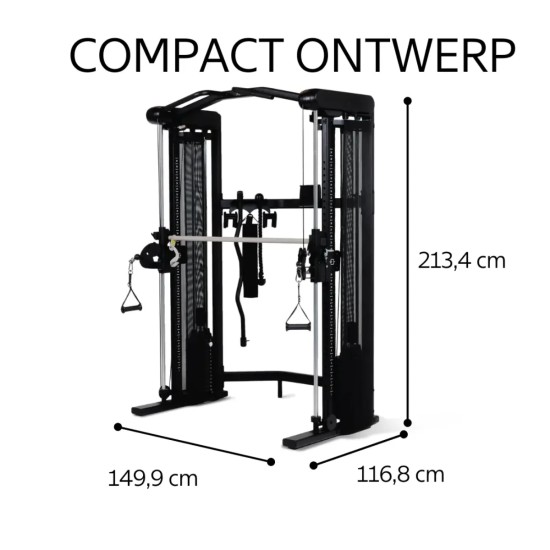 Centr 3 Home Gym Functional Trainer met 165 kg weerstand, 9 kg Smith Bar, en 7 accessoires. Ideaal voor thuistraining.