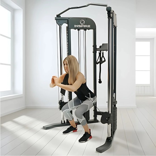 Inspire FTX Functional Trainer met compacte afmetingen en 2 gewicht stapels van 75 kg, ideaal voor thuisgebruik en trainingen van alle spiergroepen.