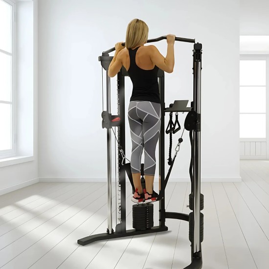 Inspire FTX Functional Trainer met compacte afmetingen en 2 gewicht stapels van 75 kg, ideaal voor thuisgebruik en trainingen van alle spiergroepen.