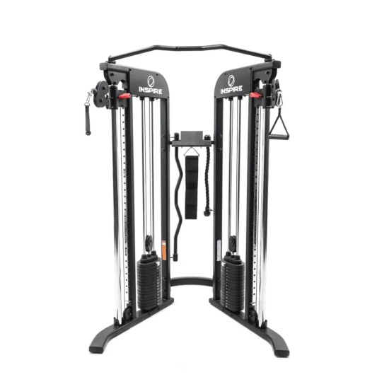 Inspire FTX Functional Trainer met compacte afmetingen en 2 gewicht stapels van 75 kg, ideaal voor thuisgebruik en trainingen van alle spiergroepen.