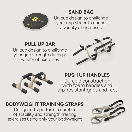 Centr's Strength Training Kit met push-up bars, optrekstang, suspension trainer en sandbag voor een volledige lichaamstraining.