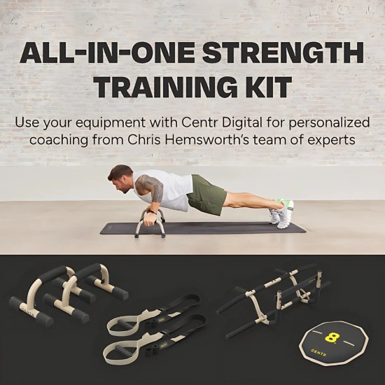 Centr's Strength Training Kit met push-up bars, optrekstang, suspension trainer en sandbag voor een volledige lichaamstraining.