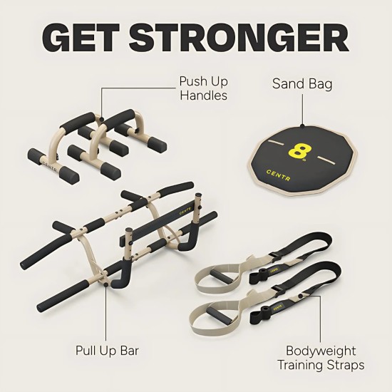 Centr's Strength Training Kit met push-up bars, optrekstang, suspension trainer en sandbag voor een volledige lichaamstraining.