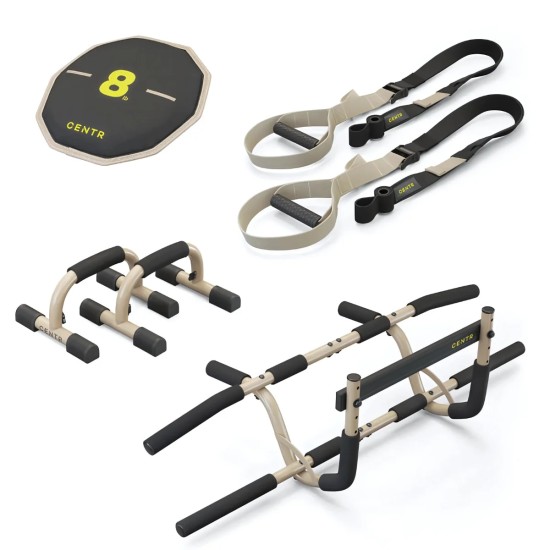 Centr's Strength Training Kit met push-up bars, optrekstang, suspension trainer en sandbag voor een volledige lichaamstraining.