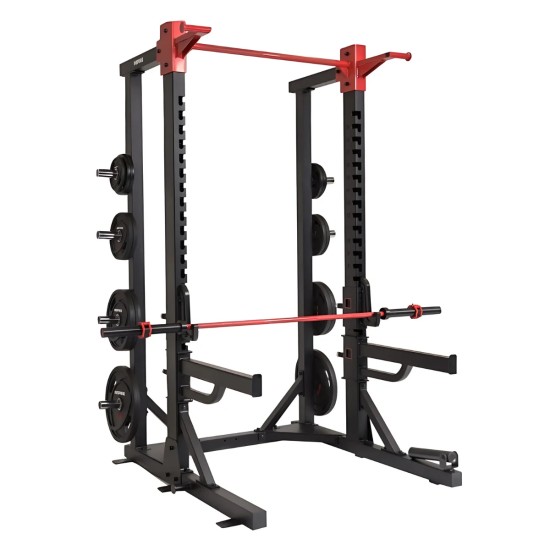 Inspire UCHR1 Ultimate Commercial Half Rack met verstelbare safeties, optrekstang en verschillende accessoires voor intensief gebruik in commerciële gyms.
