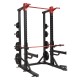 Inspire UCHR1 Ultimate Commercial Half Rack met verstelbare safeties, optrekstang en verschillende accessoires voor intensief gebruik in commerciële gyms.