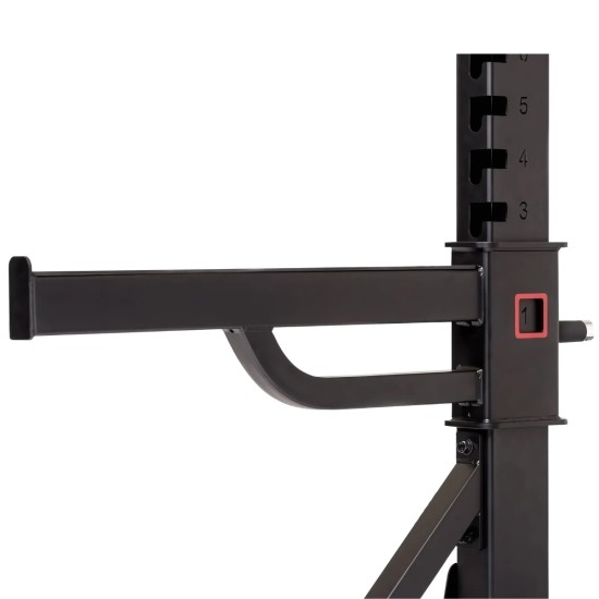 Inspire UCHR1 Ultimate Commercial Half Rack met verstelbare safeties, optrekstang en verschillende accessoires voor intensief gebruik in commerciële gyms.
