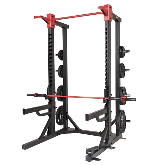 Inspire UCHR1 Ultimate Commercial Half Rack met verstelbare safeties, optrekstang en verschillende accessoires voor intensief gebruik in commerciële gyms.
