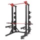 Inspire UCHR1 Ultimate Commercial Half Rack met verstelbare safeties, optrekstang en verschillende accessoires voor intensief gebruik in commerciële gyms.