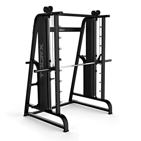 Veilig trainen met de Toorx Professional Smith Machine. Geschikt voor beginners en gevorderden, met contragewichten en steun voor stabiele workouts.