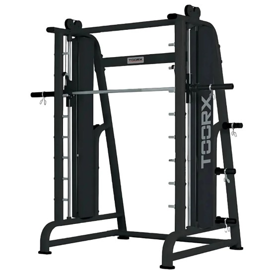 Veilig trainen met de Toorx Professional Smith Machine. Geschikt voor beginners en gevorderden, met contragewichten en steun voor stabiele workouts.