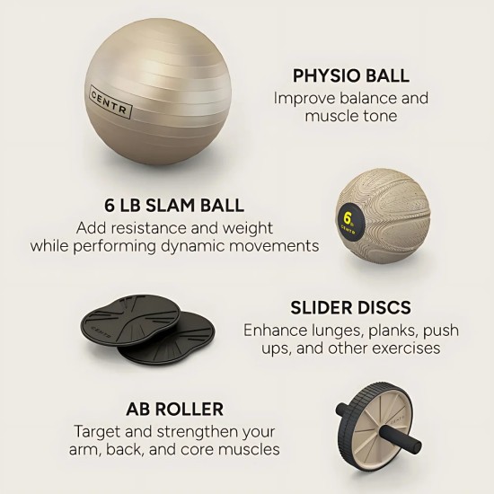 Centr Core Kit bevat een fitnessbal, slam bal, ab wheel en core sliders, ideaal voor het trainen van je core en algehele fitness.