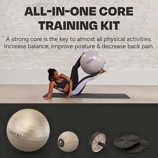 Centr Core Kit bevat een fitnessbal, slam bal, ab wheel en core sliders, ideaal voor het trainen van je core en algehele fitness.