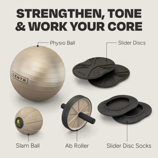 Centr Core Kit bevat een fitnessbal, slam bal, ab wheel en core sliders, ideaal voor het trainen van je core en algehele fitness.
