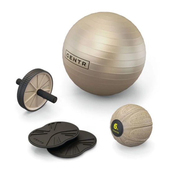 Centr Core Kit bevat een fitnessbal, slam bal, ab wheel en core sliders, ideaal voor het trainen van je core en algehele fitness.