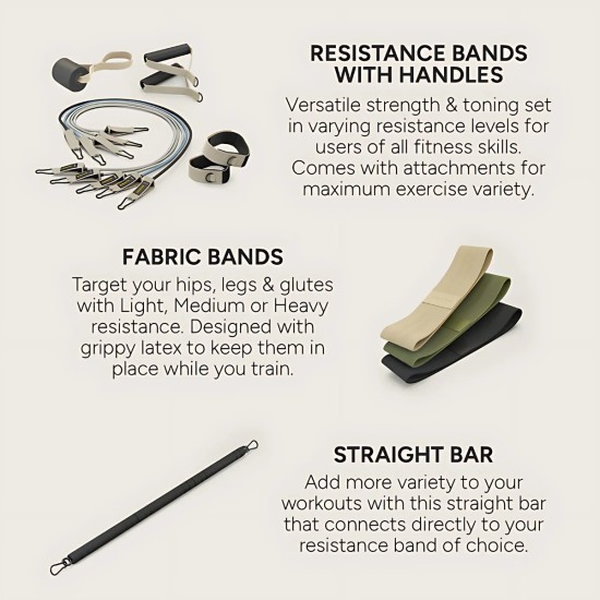 Centr Workout Kit biedt alles voor een volledige lichaamstraining thuis, met weerstandsbanden, fitnesstubes en coaching via het Centr lidmaatschap.