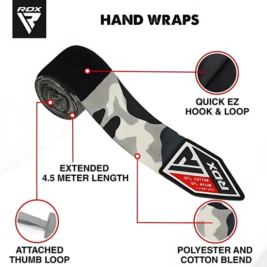 Ontdek RDX Sports hand wraps met extra dikke constructie voor maximale bescherming en comfort tijdens MMA trainingen. 4,5 meter lengte voor optimale ondersteuning.