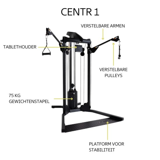 Compacte Centr 1 Home Gym met 75 kg gewichten, unieke kabeloefeningen, en handige accessoires voor een optimale training thuis.