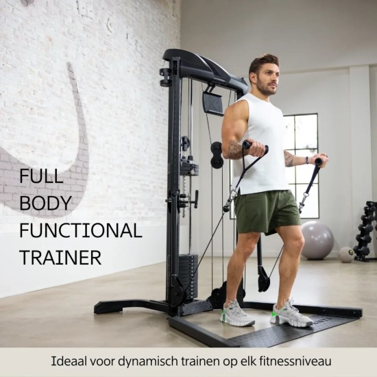 Compacte Centr 1 Home Gym met 75 kg gewichten, unieke kabeloefeningen, en handige accessoires voor een optimale training thuis.