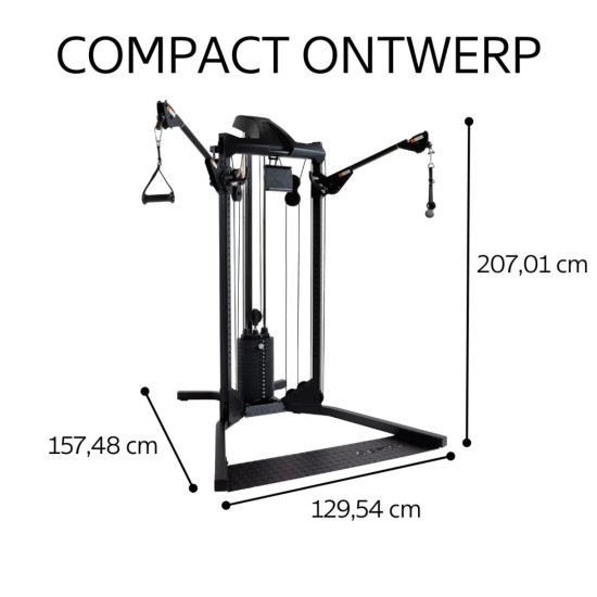 Compacte Centr 1 Home Gym met 75 kg gewichten, unieke kabeloefeningen, en handige accessoires voor een optimale training thuis.