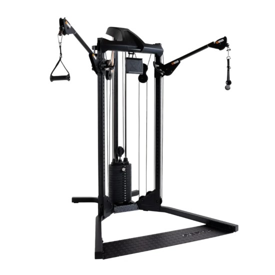 Compacte Centr 1 Home Gym met 75 kg gewichten, unieke kabeloefeningen, en handige accessoires voor een optimale training thuis.