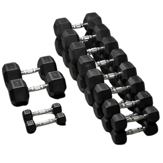 Robuuste Torque Hexagon Dumbbells met rubbercoating, verkrijgbaar in gewichten van 1 tot 50 kg. Ideaal voor diverse oefeningen met stevige grip.
