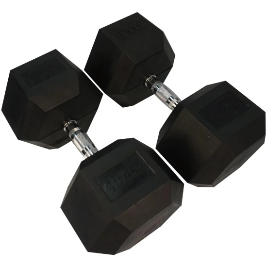 Robuuste Torque Hexagon Dumbbells met rubbercoating, verkrijgbaar in gewichten van 1 tot 50 kg. Ideaal voor diverse oefeningen met stevige grip.