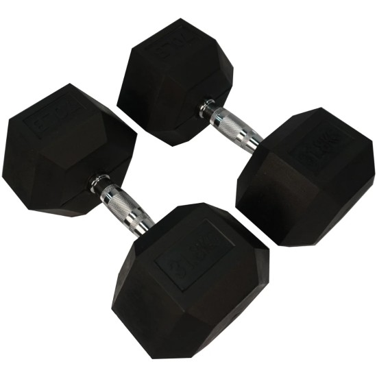 Robuuste Torque Hexagon Dumbbells met rubbercoating, verkrijgbaar in gewichten van 1 tot 50 kg. Ideaal voor diverse oefeningen met stevige grip.