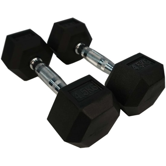 Robuuste Torque Hexagon Dumbbells met rubbercoating, verkrijgbaar in gewichten van 1 tot 50 kg. Ideaal voor diverse oefeningen met stevige grip.