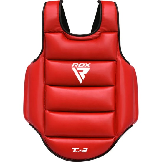 Ervaar ultieme bescherming met de RDX T2 borstbeschermer. Lichtgewicht, comfortabel en ideaal voor boksen of MMA. Verkrijgbaar in rood en blauw.