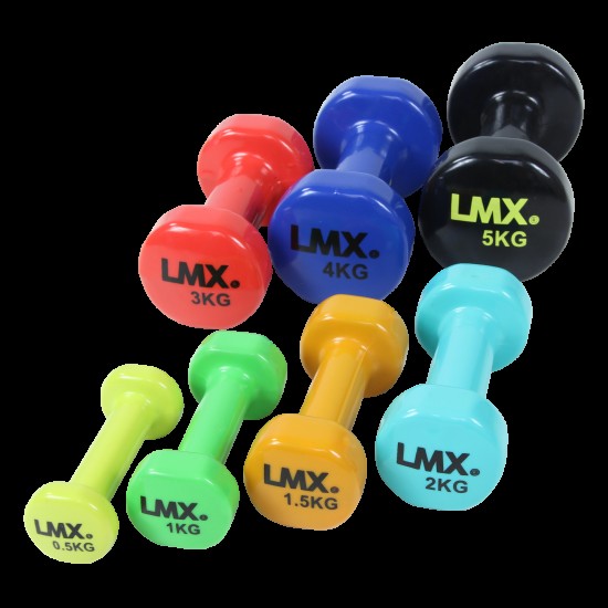 LMX.® Vinyl dumbbellsets (0,5 - 7kg) zijn ideaal voor groepslessen, fysiotherapie en commercieel gebruik. Beschikbaar in verschillende gewichten.